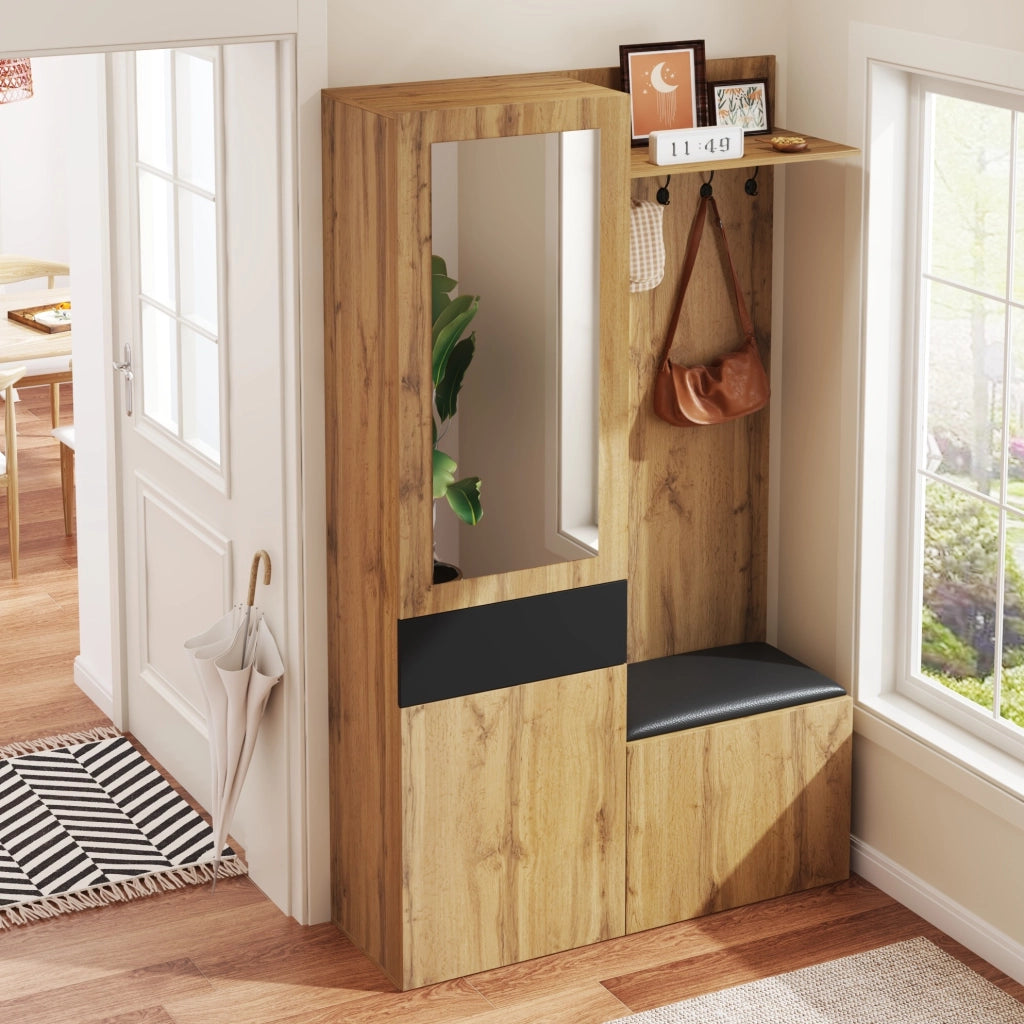 Set ingresso con appendiabiti a 5 ganci, specchio, armadietto porta scarpe e panca, struttura in MDF, 98,5x38x191 cm, colore legno e nero