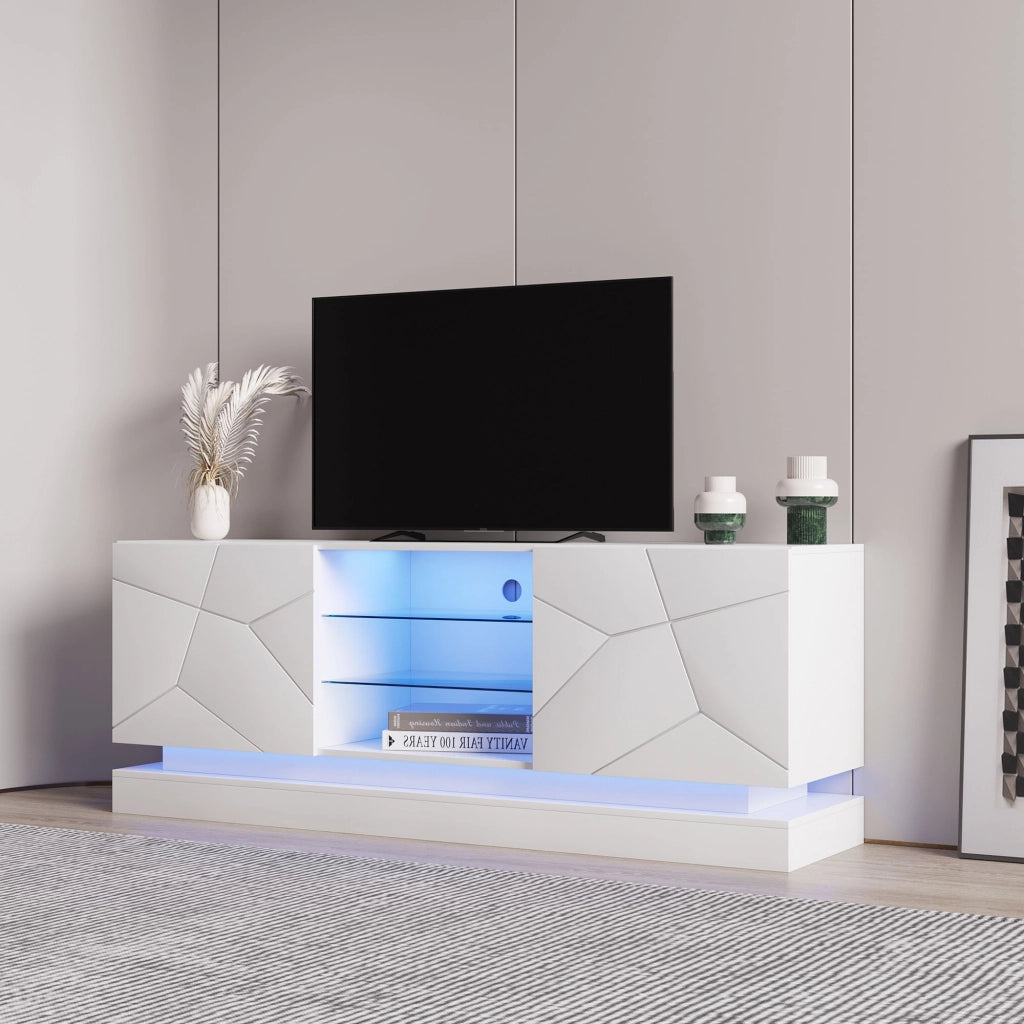 Mobile TV con ripiano in vetro regolabile e 2 vani; per TV fino a 70 pollici; bianco 160 × 38.5 × 60 cm