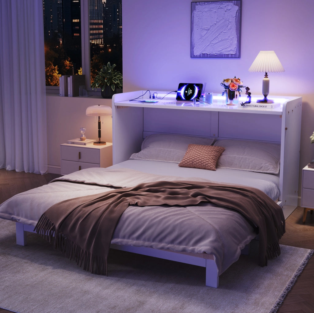 Letto a scomparsa bianco con LED e ricarica integrata