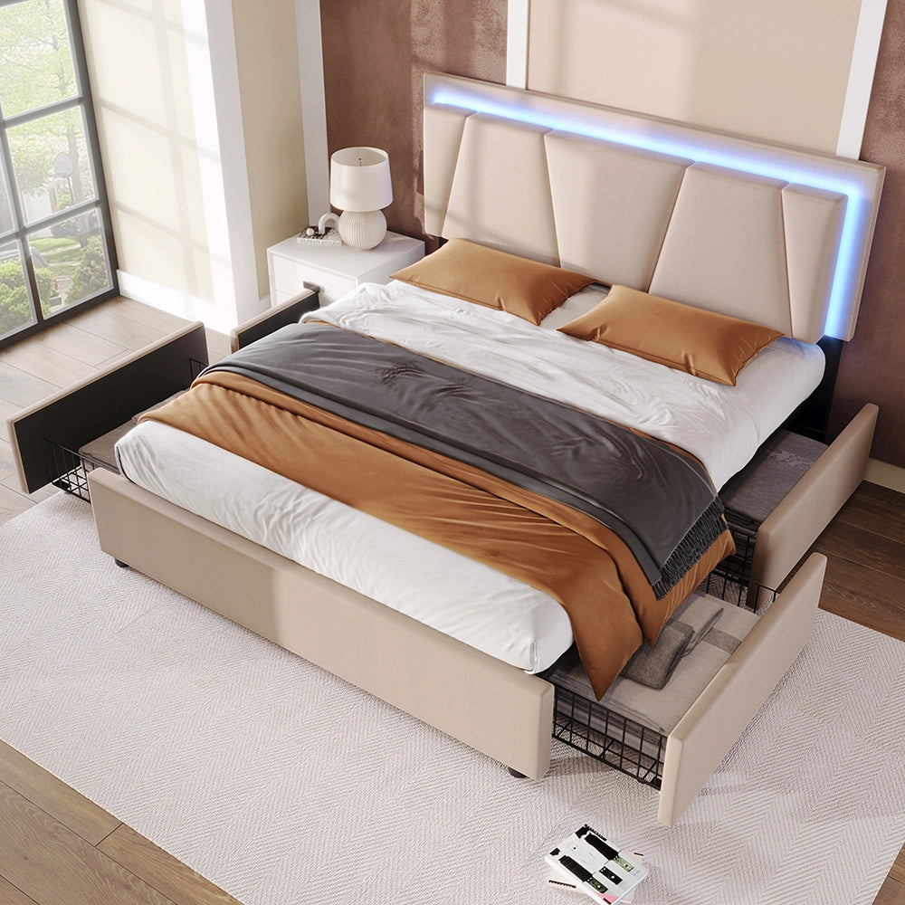 Letto singolo imbottito con LED e 2 cassetti - Xylo - 140x200cm - Beige