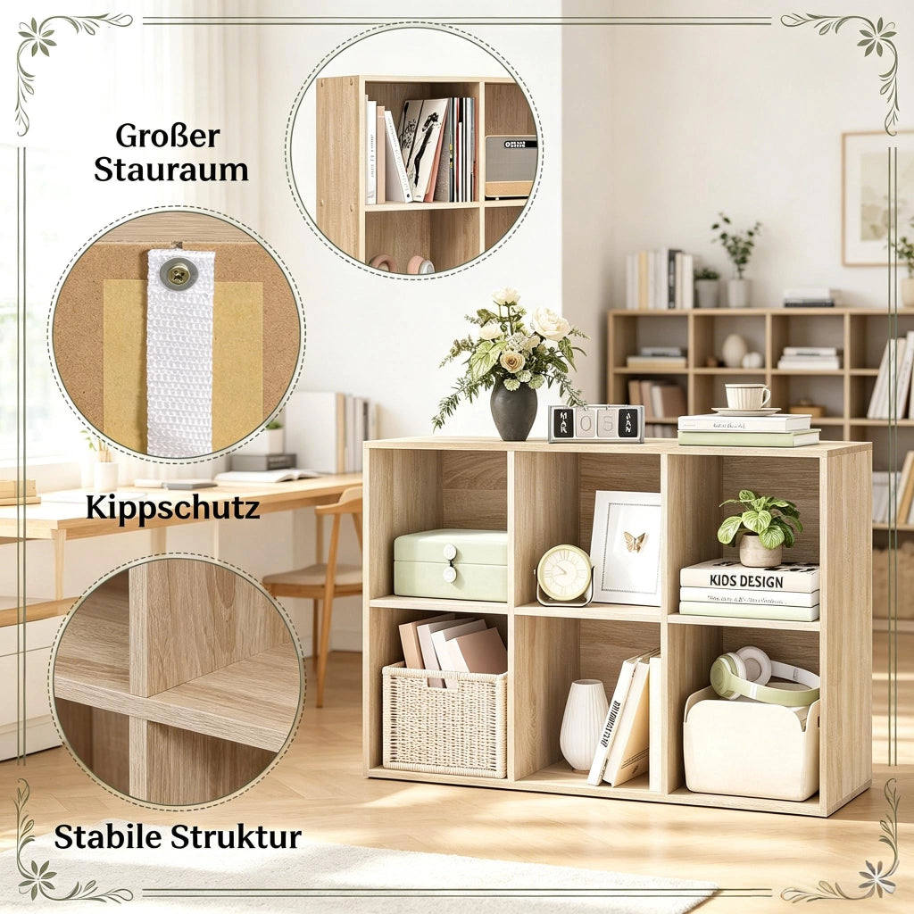 libreria aperta a cubi in legno ingegnerizzato E1 con 6 vani, scaffale multifunzione per casa e ufficio, rovere