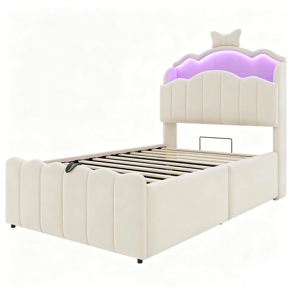 Letto imbottito per bambini con contenitore idraulico ¨C Minimal ¨C beige velluto testiera led 90x200cm
