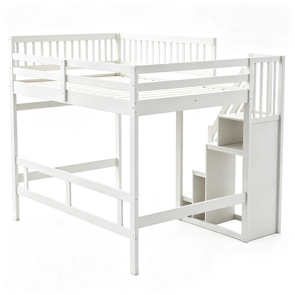 Letto a soppalco ULEVR 140x200 cm con scala contenitore e sponde alte, bianco, legno di pino