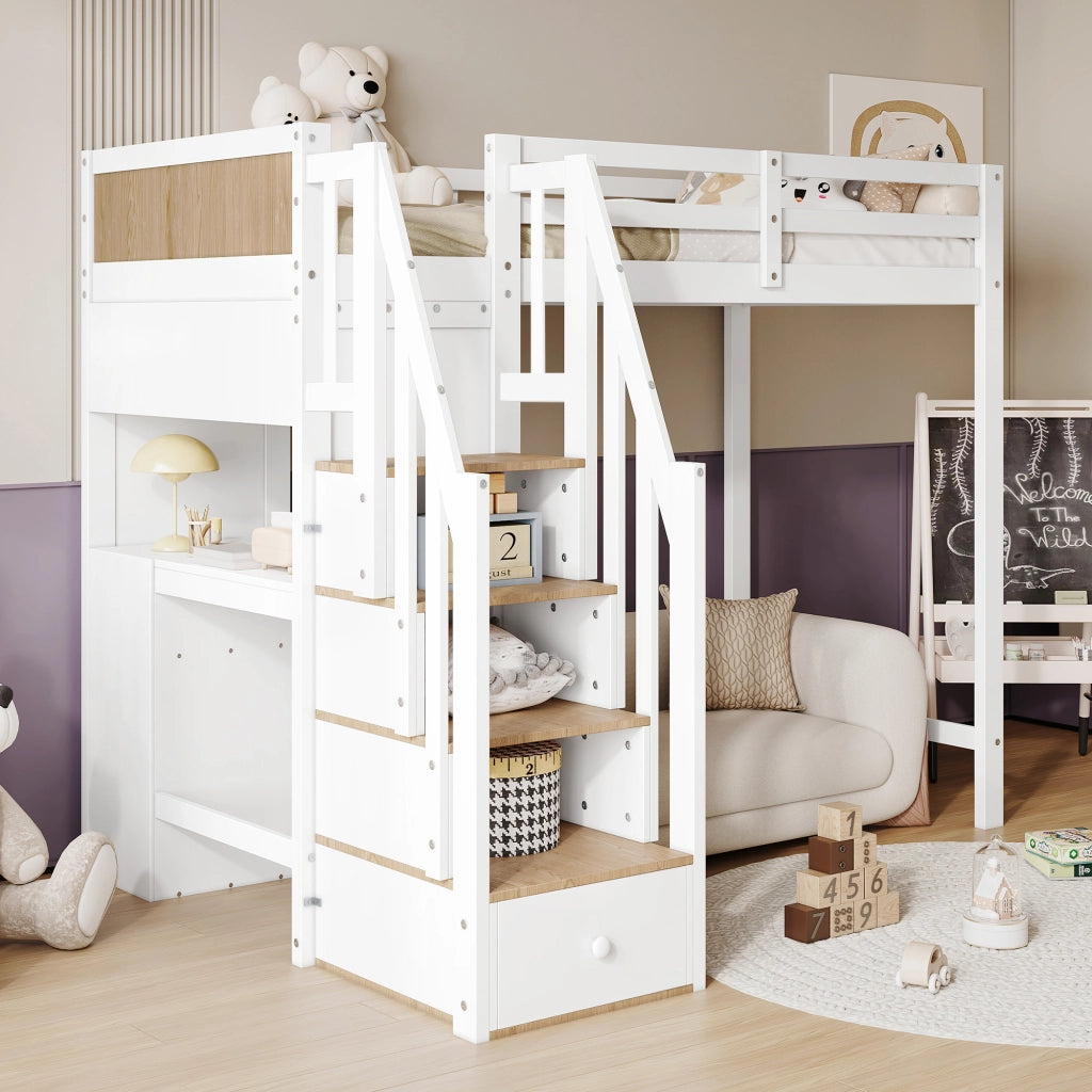 Letto a soppalco per bambini con scrivania; pino e MDF; bianco e naturale; protezioni; 90x200 cm