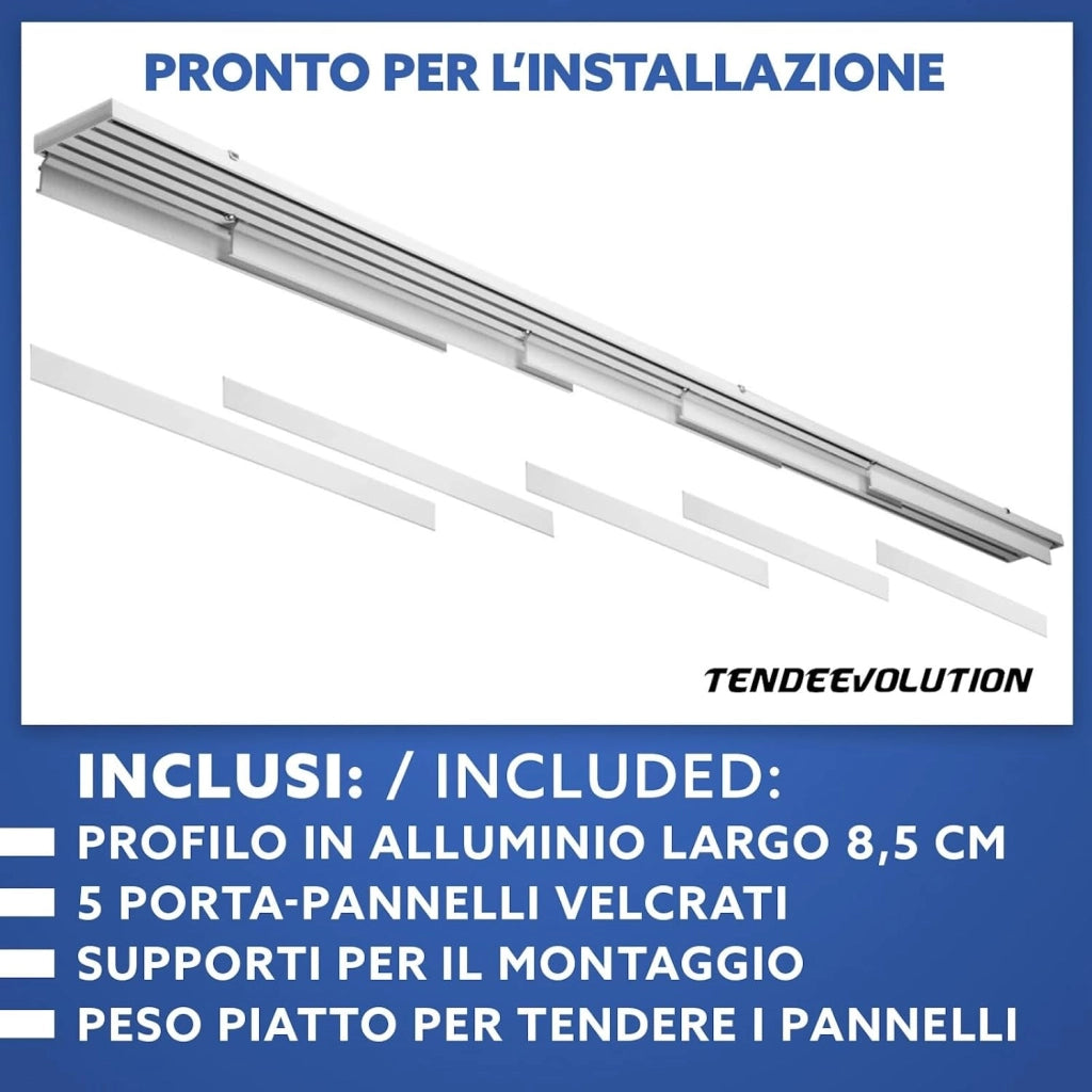 Bastone per Tende A Pannello Comando a Corda Apertura a sinistra, Binario a 5 vie con portapannelli da 55 CM, Attacco Parete Lunghezza 250 CM