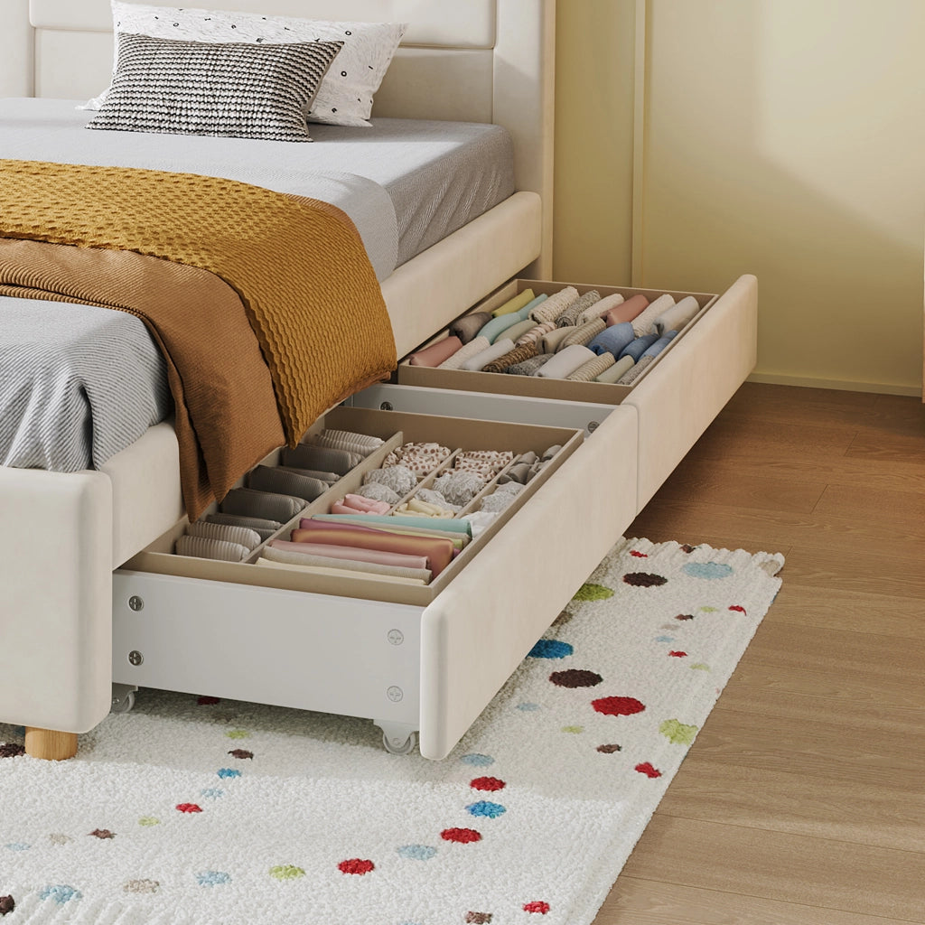 Letto per bambini imbottito 90 × 200 cm con 4 cassetti in velluto beige testiera a casetta rete a doghe