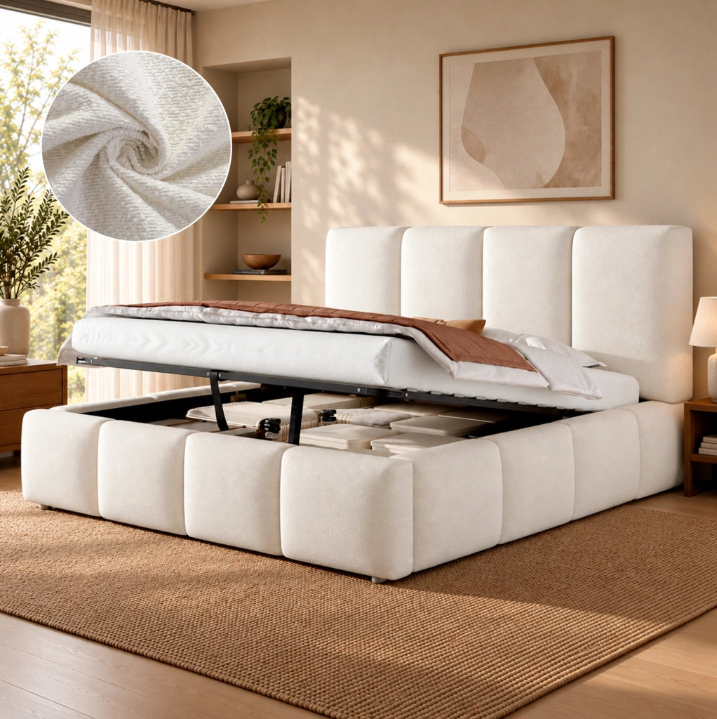 LETTO Contenitore Idraulico 160x200 cm Bouclé Bianco con Rete a Doghe