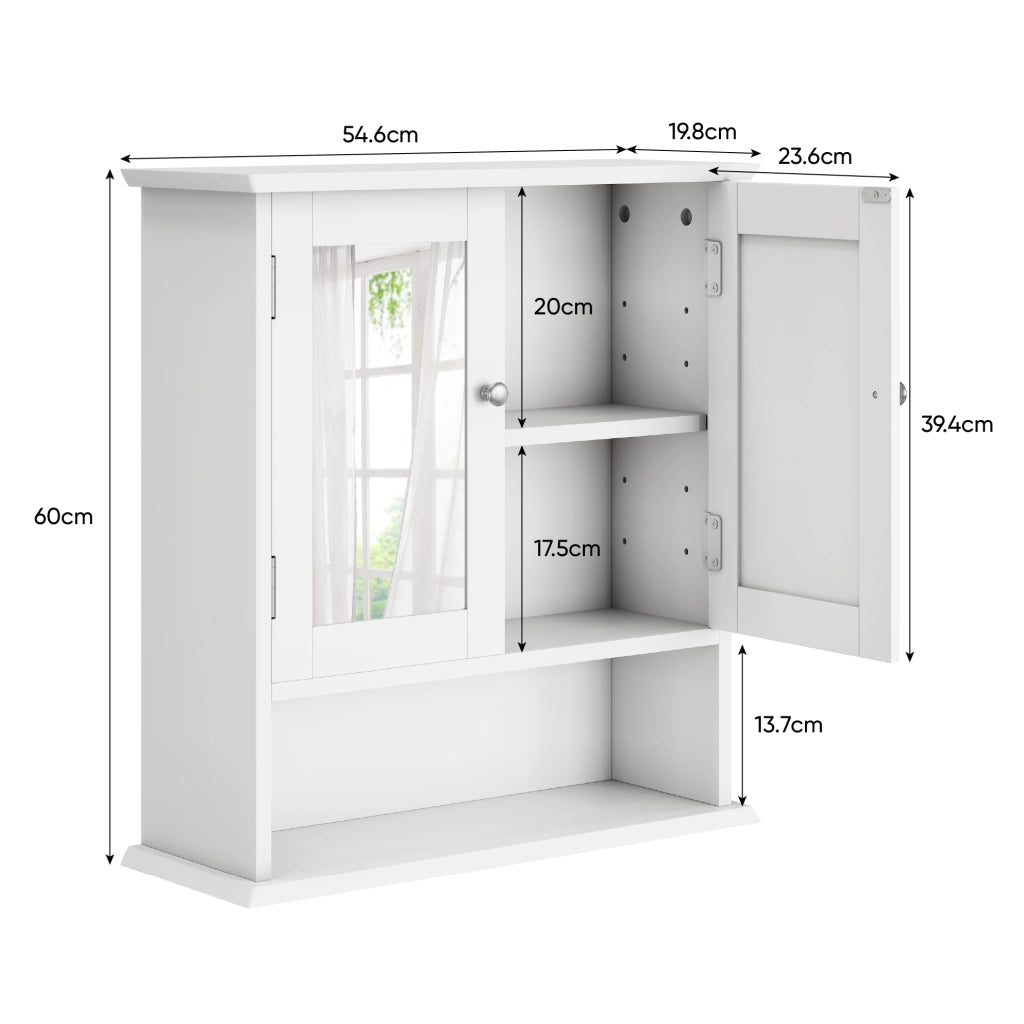 Mobile bagno sospeso 54,6x19,8x60 cm con specchio e ripiani in MDF bianco