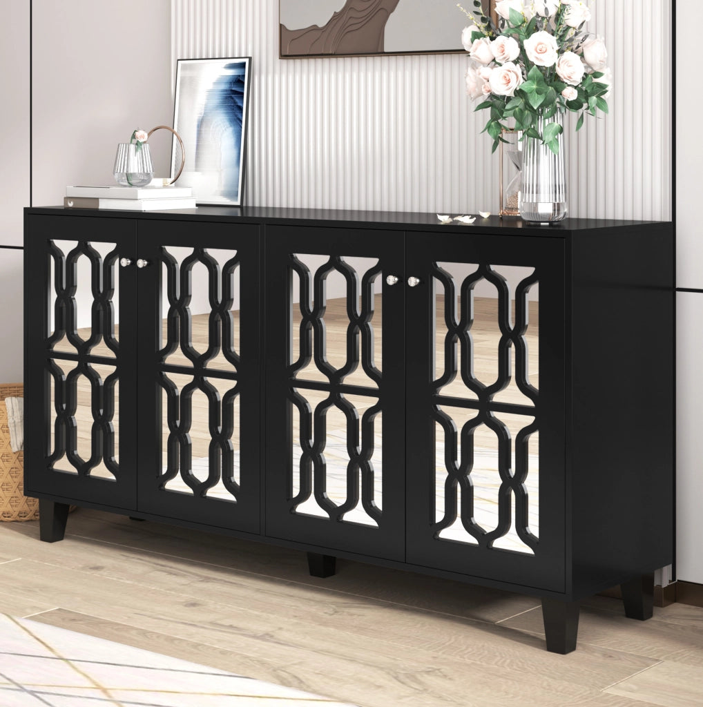 Madia nera effetto specchio con 4 ante; 2 ripiani regolabili; 160 x 40 x 84 cm