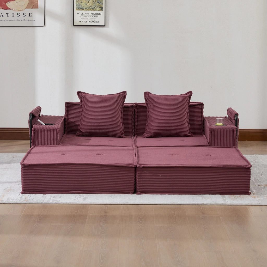 Divano Letto Doppio Moderno in Tessuto con Pouf Contenitore e Due Cuscini, 162x78x66 cm