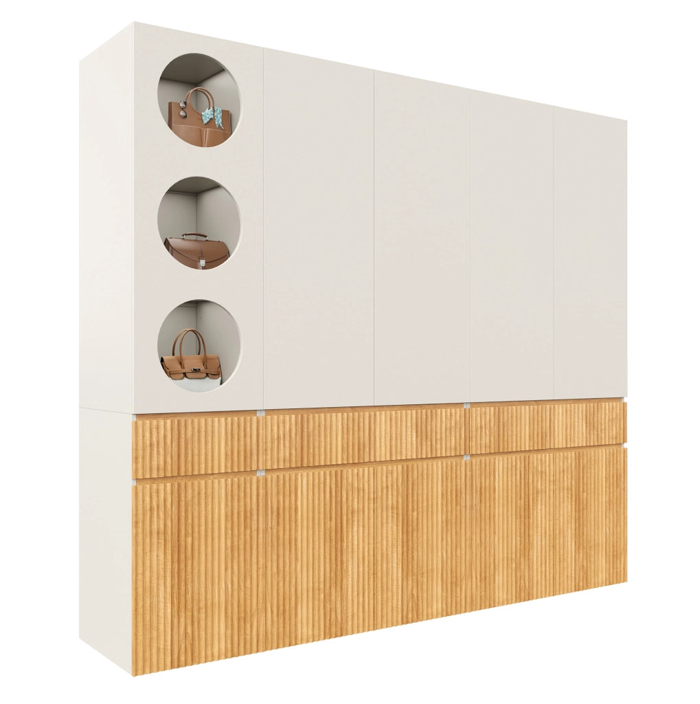Armadio con ante battenti, 225x50x200 cm, 10 ante, 2 aste appendiabiti, 3 cassetti, effetto rovere chiaro, per camera e ufficio