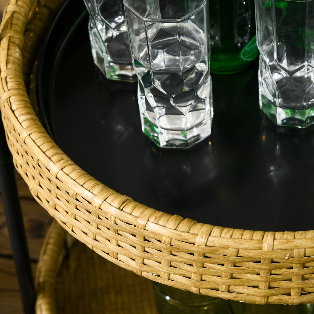 Carrello portavivande rotondo a 2 ripiani in polyrattan giallo con 4 ruote e 2 freni per terrazza Ø 50 × 66 cm