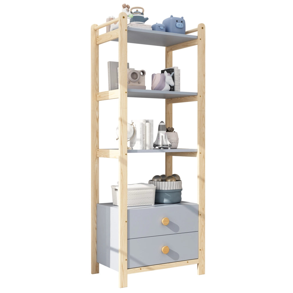 Libreria a 4 livelli con 2 cassetti, struttura in pino e maniglie in legno massello, blu e naturale, 70×44×180 cm