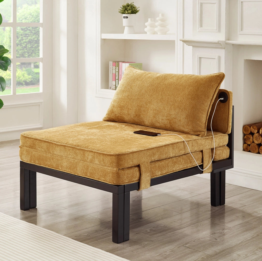 Divano letto 2 in 1 176x82x79 cm giallo, porte USB/Type-C, velluto e struttura in legno
