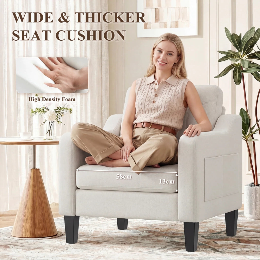Poltrona moderna in tessuto di lino con tavolino pieghevole e vano portaoggetti laterale, seduta ergonomica con memory foam, versatile stile Mid-Century, facile da spostare