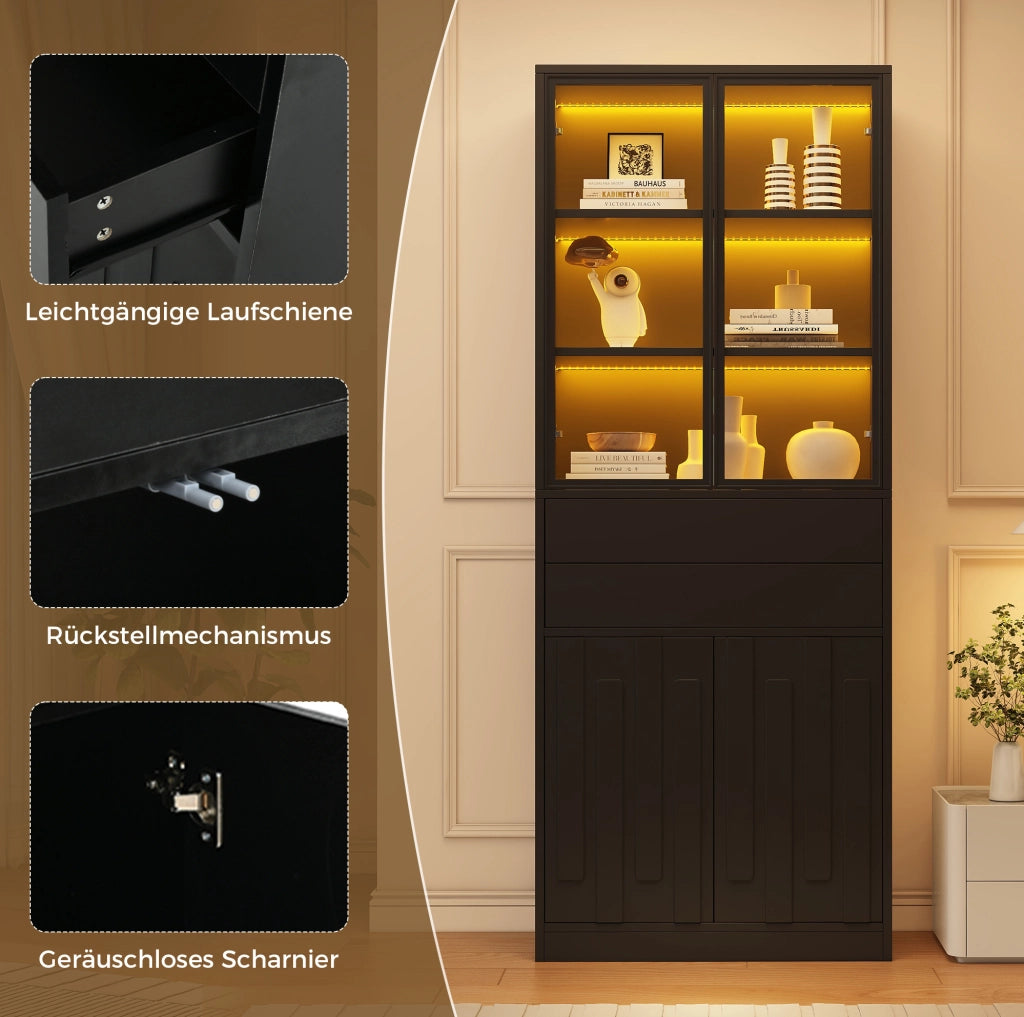 Set di 2 Vetrine Nero 70×34×180 cm in Truciolato con 2 Ante in Vetro, 2 Cassetti e Illuminazione LED Bluetooth