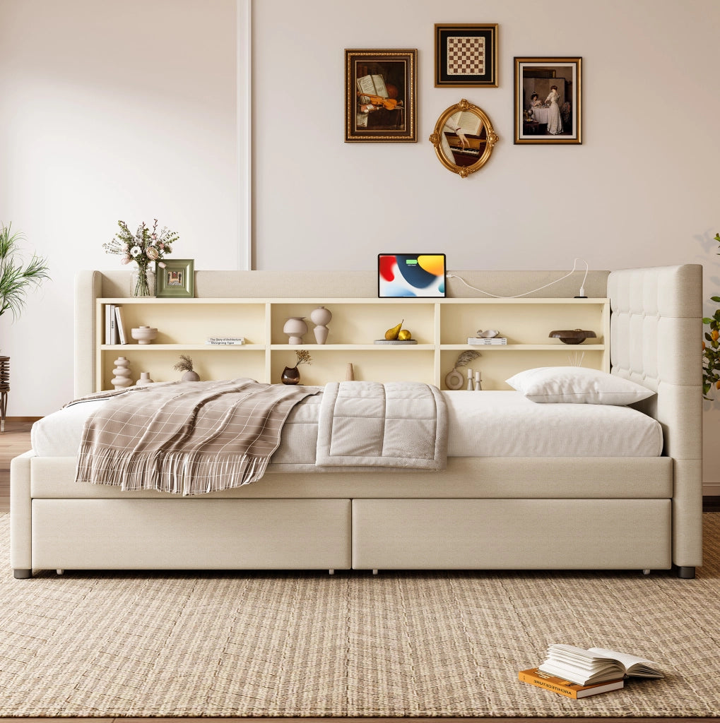 Letto 90x200 cm con 2 cassetti; USB e Tipo C in lino e MDF beige