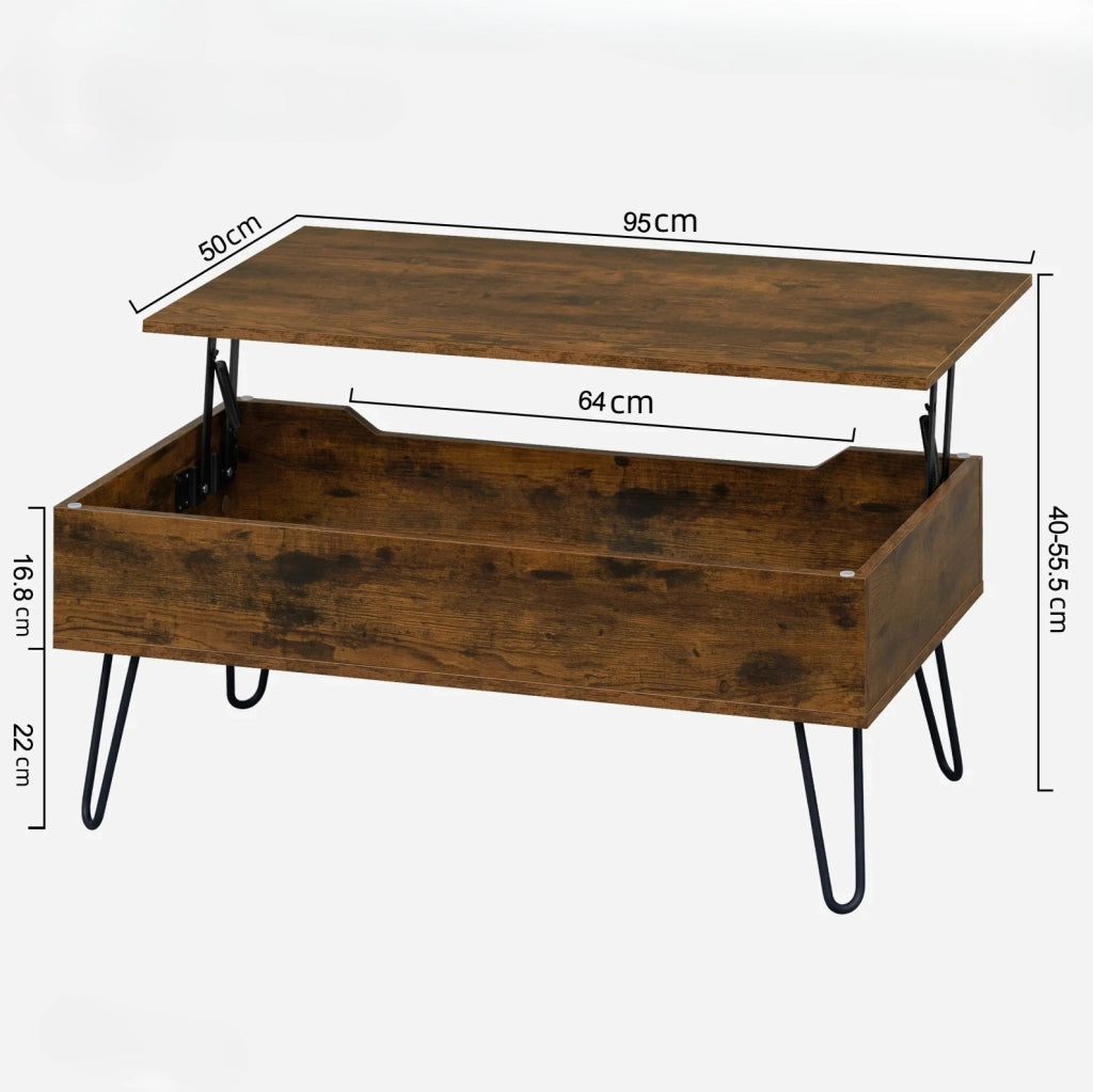 Tavolino da caffè elevabile 95 cm con vano contenitore; legno e metallo; marrone rustico
