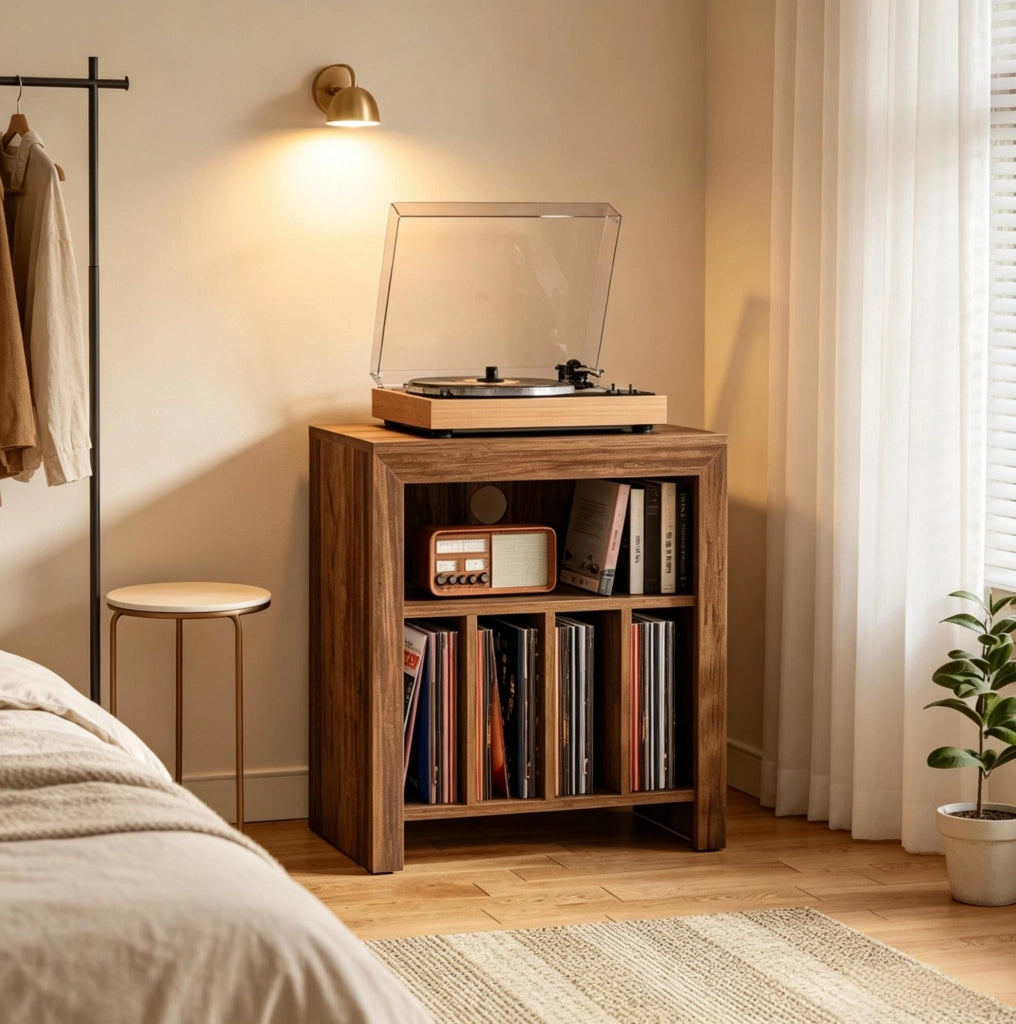 Supporto per giradischi in legno con ripiani aperti e divisori, comodino versatile per vinili e piccoli oggetti