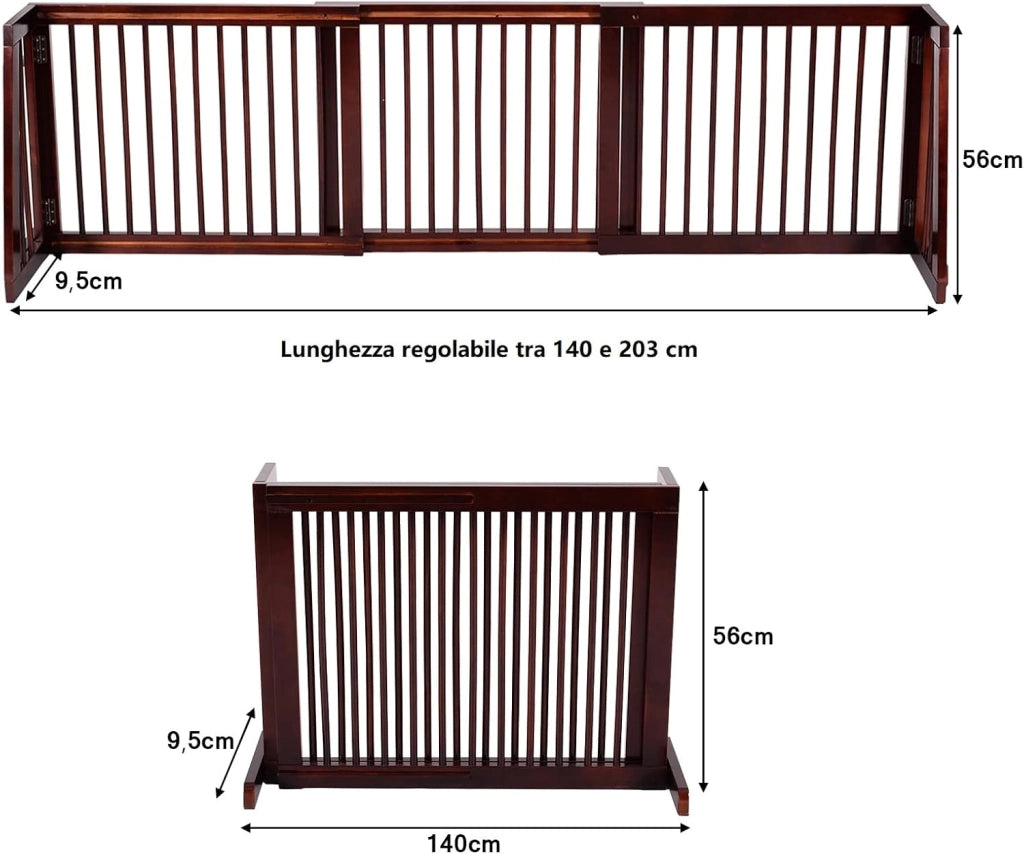 Cancelletto per Cani Regolabile in Legno Massello, con Base Larga e 3 Ante, Ideale per Cani di Piccola/Media Taglia (140-203) x 9,5 x 56 cm, Marrone