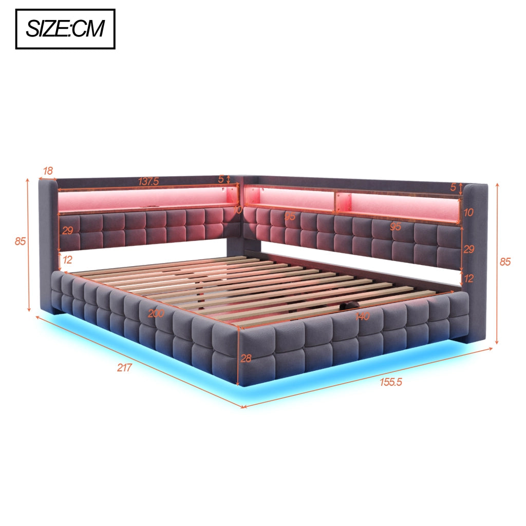 Divano letto 140 × 200 cm con vano contenitore idraulico; ripiani in legno; LED e prese USB Type-C grigio