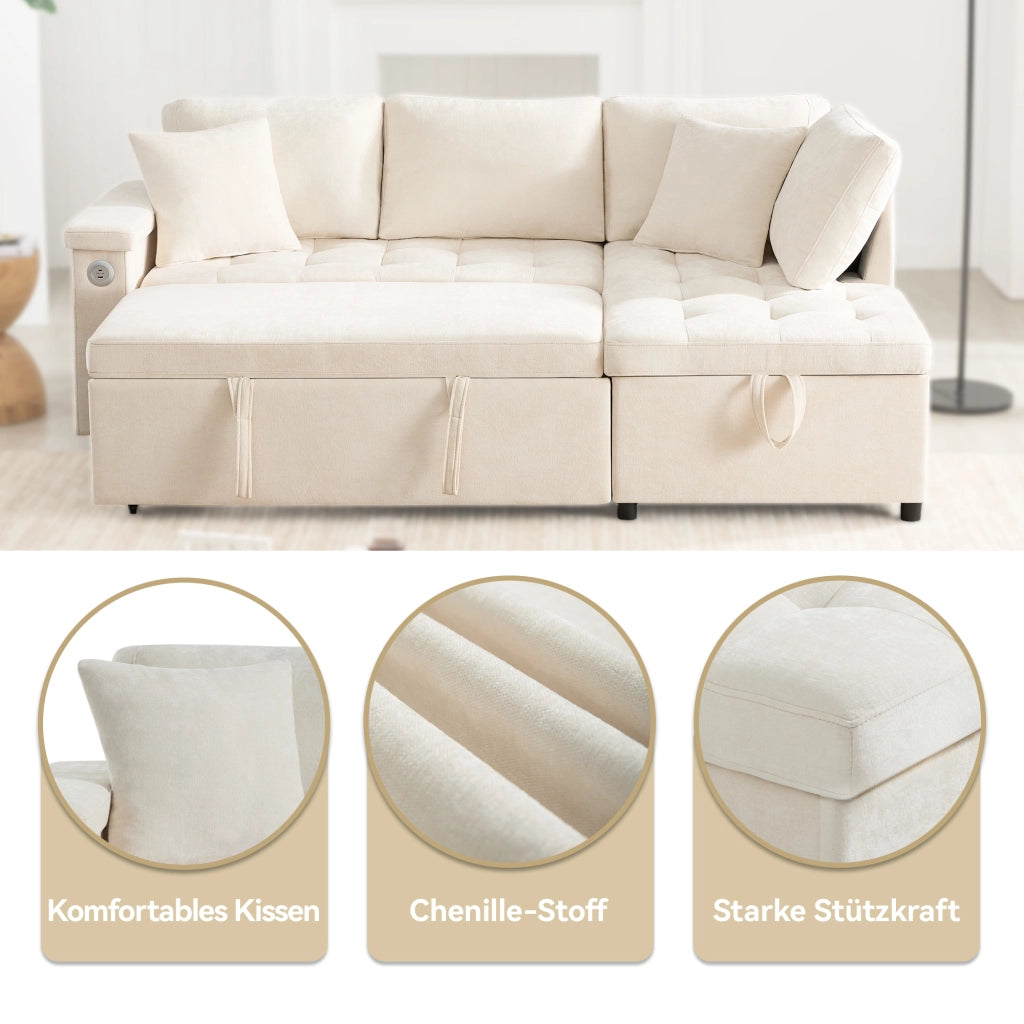 Divano angolare 3-4 posti con letto estraibile, contenitore e USB in chenille beige
