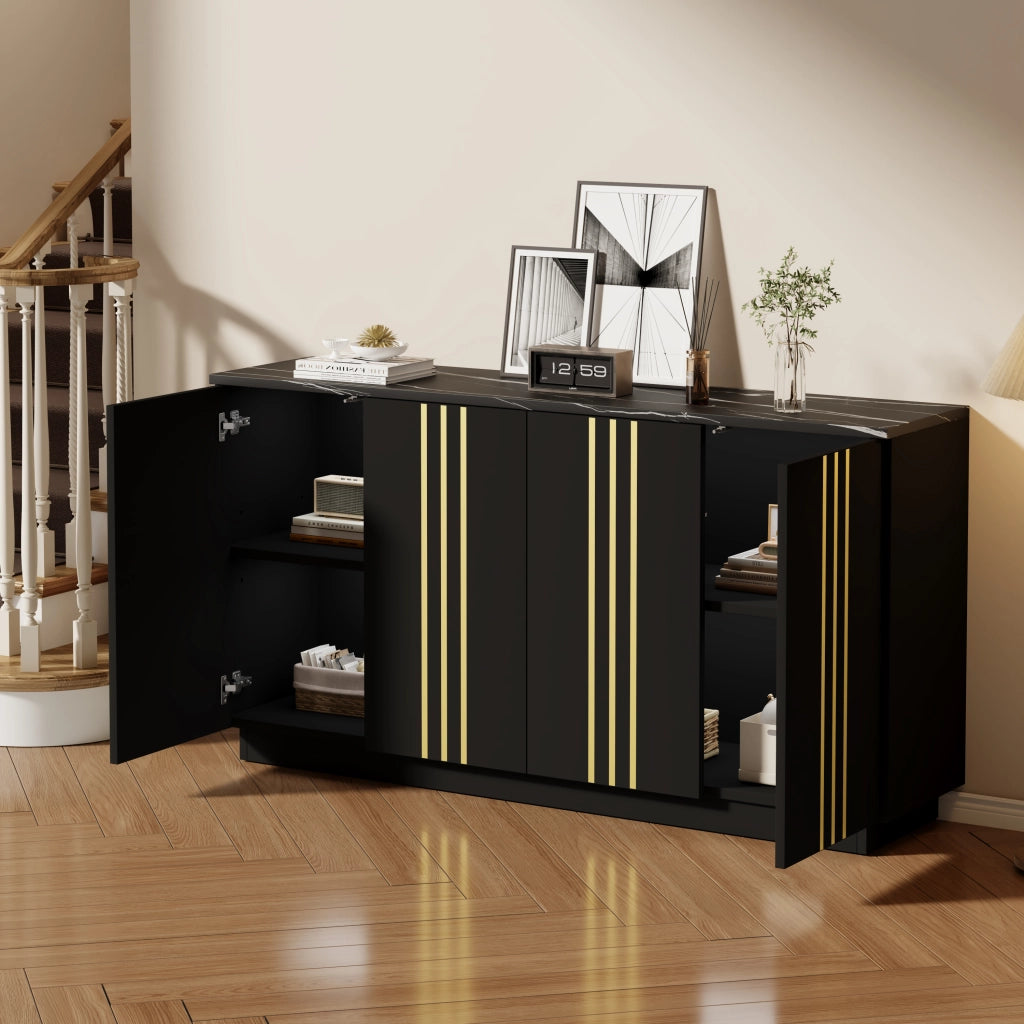 Madia con 4 ante e divisori regolabili in truciolato nero e oro con piano effetto pietra 35 × 140 × 70 cm