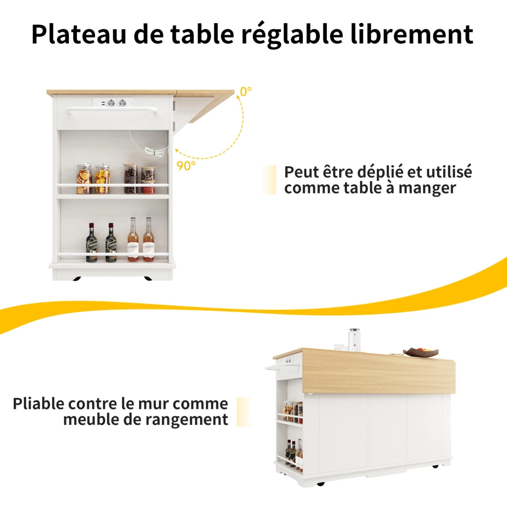Isola cucina su ruote con piano pieghevole e prese; 151;5x84;7x91;7 cm; bianco e naturale