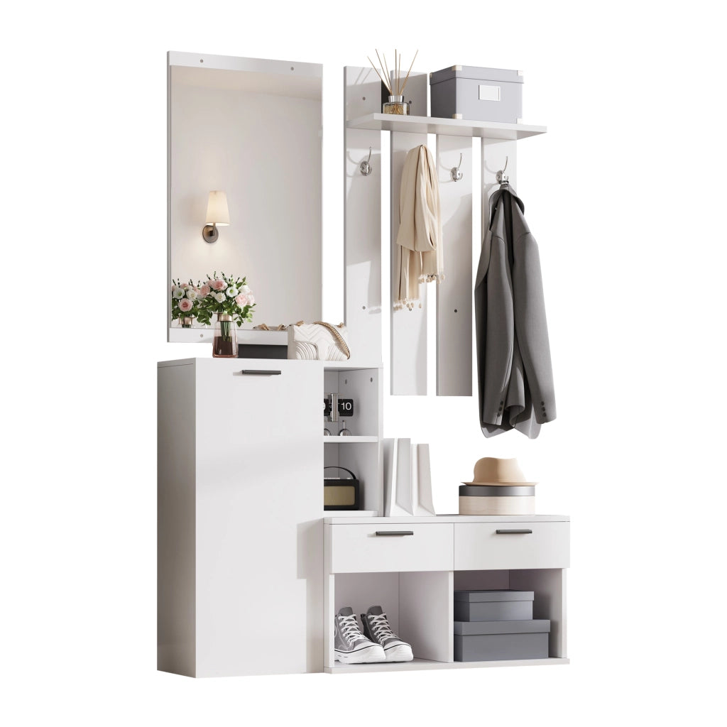 Mobile da ingresso con specchio, anta, 2 cassetti, 10 vani e 4 ganci per ingresso, in MDF bianco, 120 × 35 × 175,5 cm