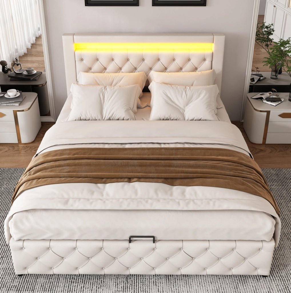 Polsterbett 160x200 cm con contenitore; rete a doghe e LED; PU bianco