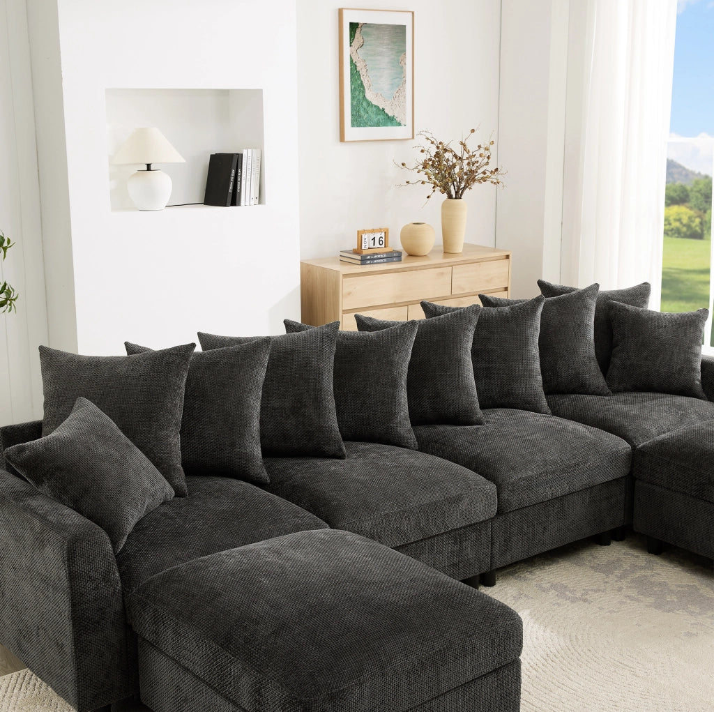 Divano angolare modulare 6 posti a U/L in chenille grigio con 2 pouf e ricarica USB/Type-C HOMVRA