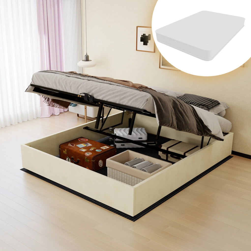 Letto contenitore 160x200 cm in tessuto e metallo beige con materasso