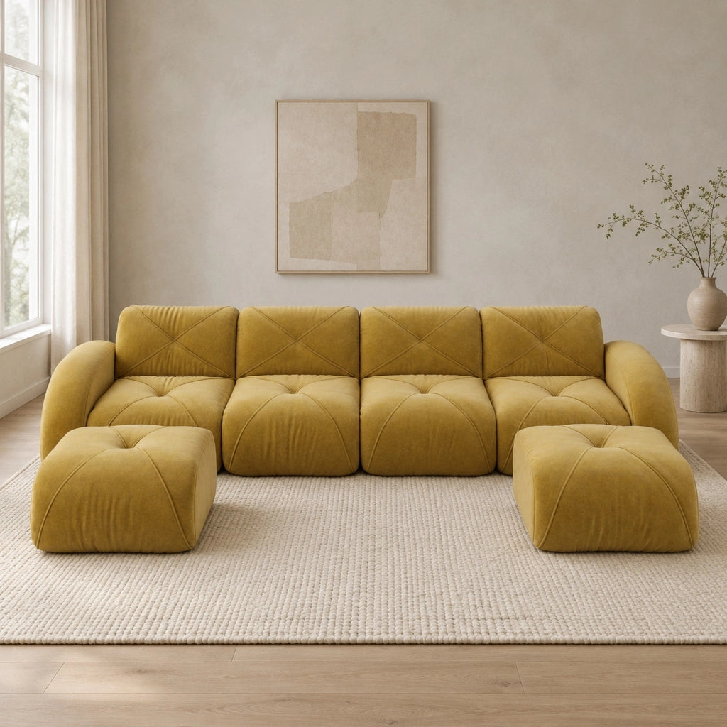 Divano modulare 4 posti 358x171x76 cm in ciniglia gialla con 2 pouf