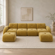 Divano modulare 4 posti 358x171x76 cm in ciniglia gialla con 2 pouf