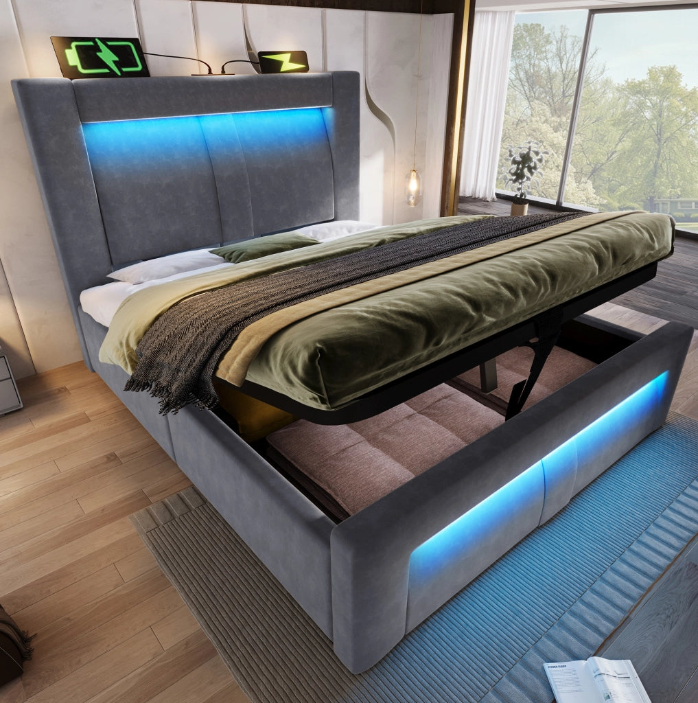 Letto singolo 90x200 cm in velluto grigio con contenitore, illuminazione LED smart e stazioni di ricarica USB e Type-C, senza materasso