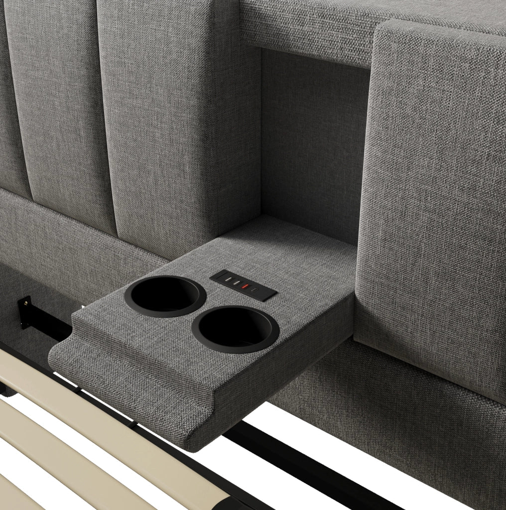 Letto imbottito 140x200 cm con materasso, vano contenitore e stazione di ricarica