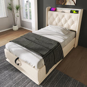 Letto singolo 90x200 cm bianco in PU con LED, contenitore e materasso