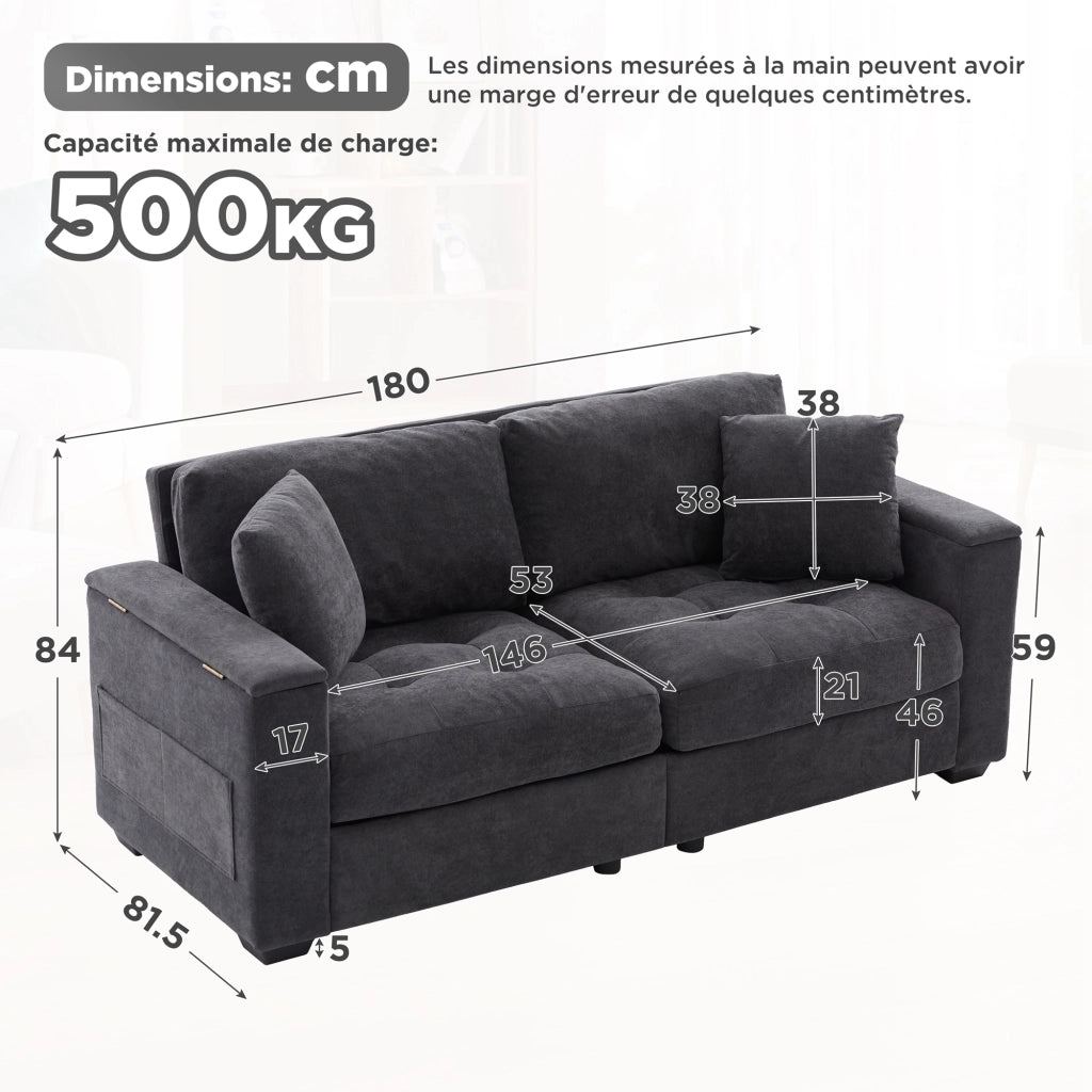 Divano 2 posti con contenitore nei braccioli e tasche laterali in chenille grigio scuro