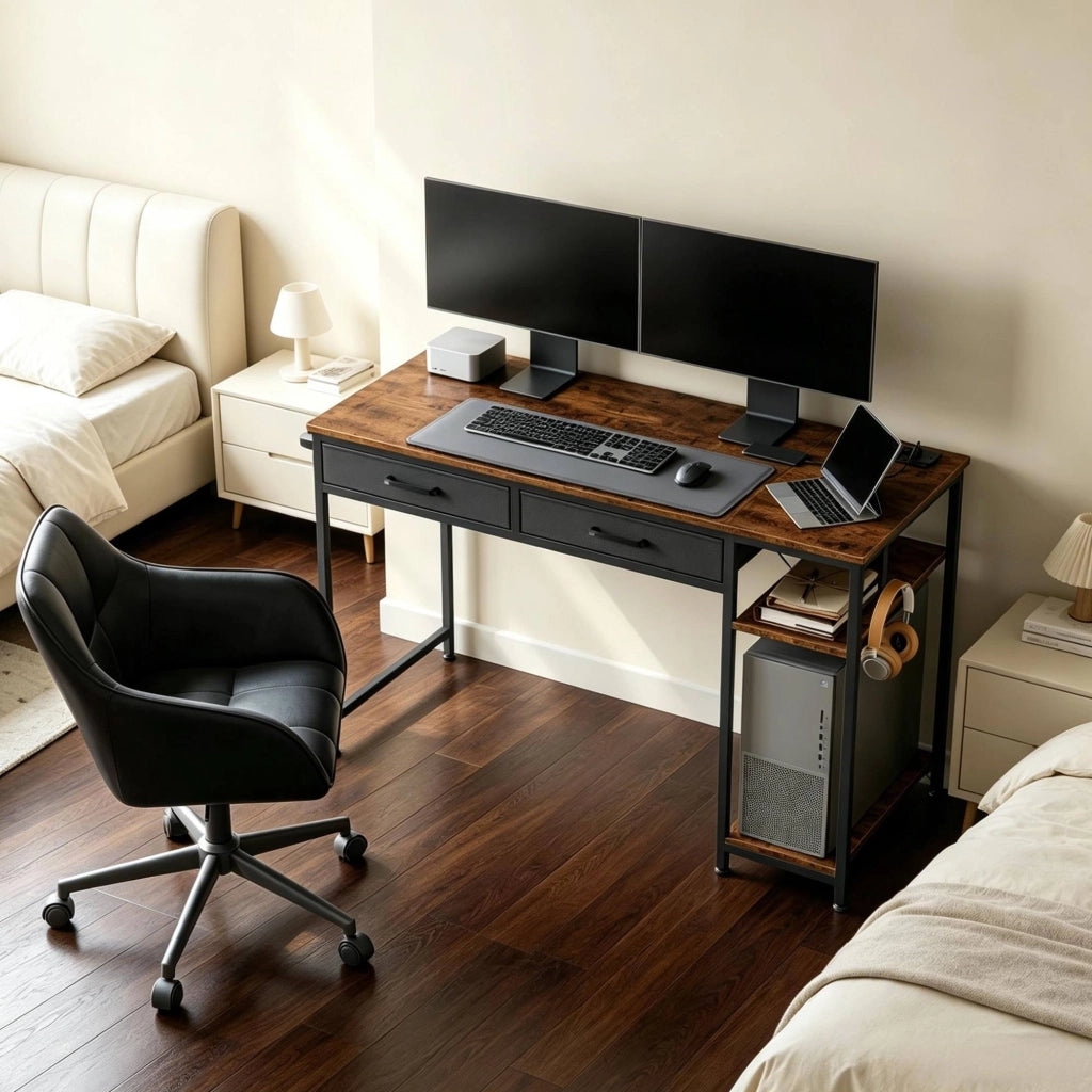 Scrivania moderna DESMIU con 2 cassetti in tessuto e mensola laterale, 120x51x75 cm, colore Rustico Marrone