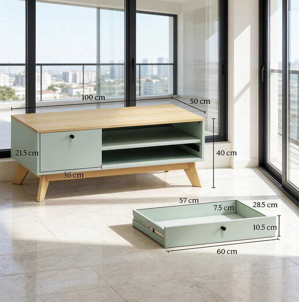 Tavolino da caffè rettangolare in MDF verde chiaro con cassetto; anta e vano aperto; 100x50x40 cm