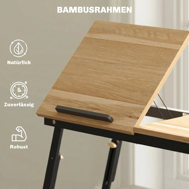 Tavolo da letto pieghevole e inclinabile con cassetto in bambù color rovere 83.5 × 33 × 23.5-34 cm