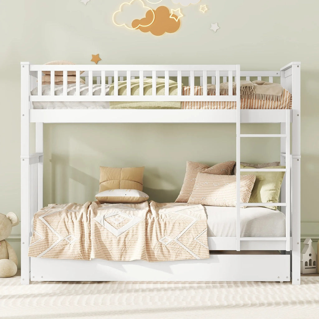 Letto a castello per bambini 3 posti 90x200 cm con letto estraibile, ringhiere alte e scala stabile, bianco