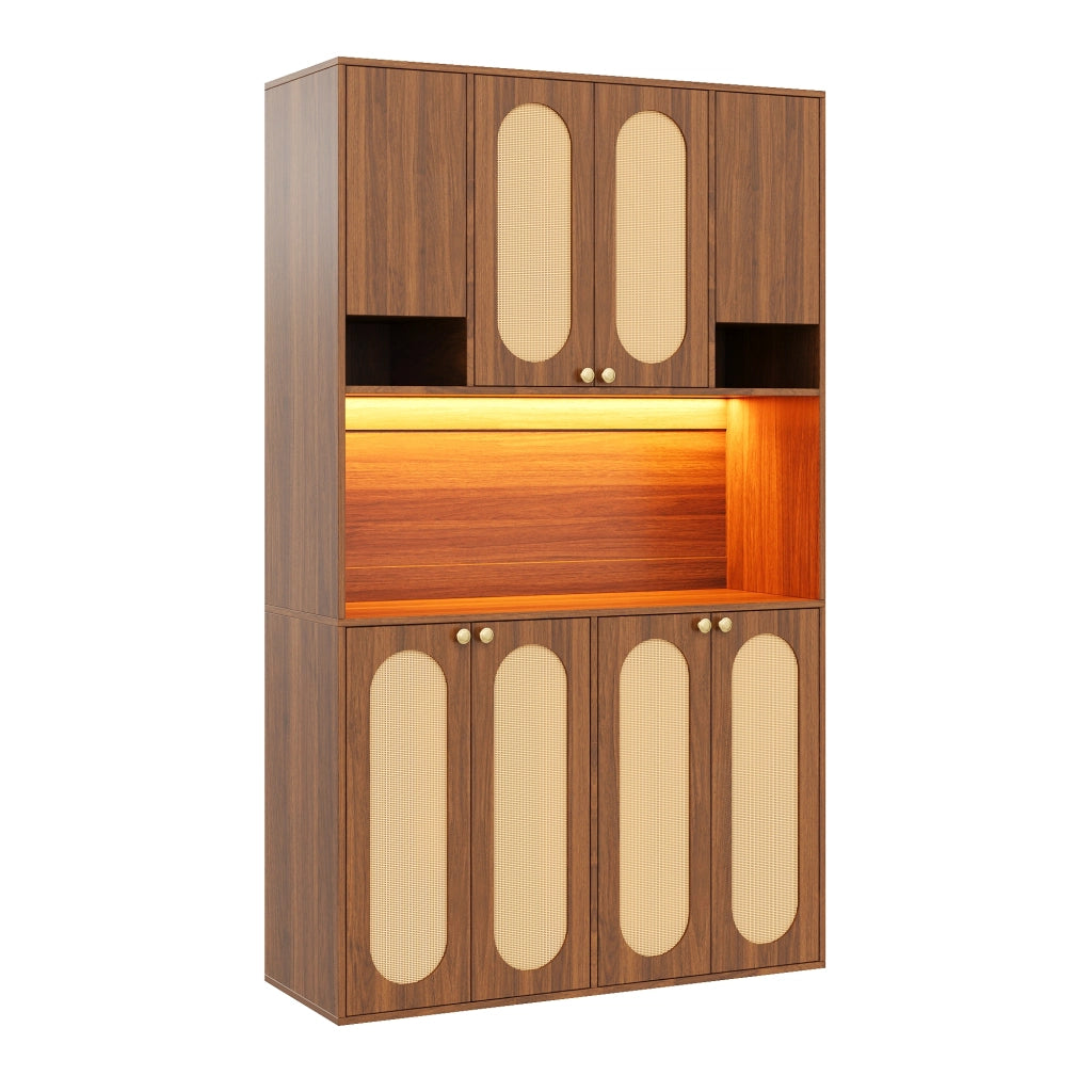 Credenza alta con 8 ante e vano bar aperto con LED regolabile in MDF naturale per sala da pranzo e soggiorno 106 × 40 × 178 cm