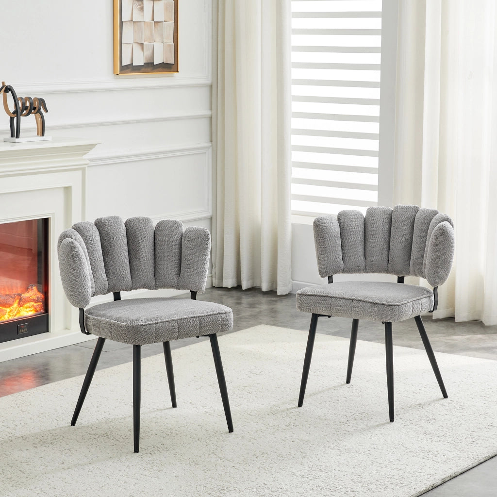 Sedie da Pranzo con Schienale a Fiore in Velluto ¨C MINIMAL ¨C Set 2 Pezzi, Grigio Chiaro, Gambe Nere in Metallo