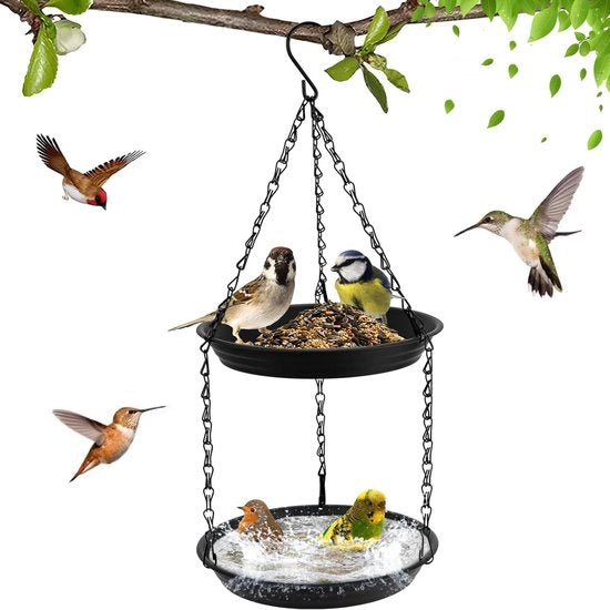 Hangend 2-in-1 Vogelbad e Beccuccia, Progettato a Doppia Lastra, Beccuccia per Uccelli Invernale in Plastica (23 x 23 x 3 cm), Utilizzabile Tutto L'anno per Giardino e Terrazzo