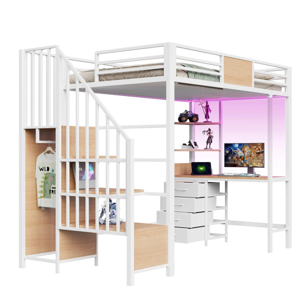 Letto a soppalco 90x200 cm bianco in metallo con scrivania, LED e presa