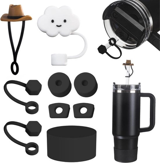 Accessori per tazza Stanley, contiene 6 bocchini siliconici inerbenti, 2 canne, 1 copertura siliconica per tazze Stanley 1,2 l e 850 ml, tazze non incluse (nero)