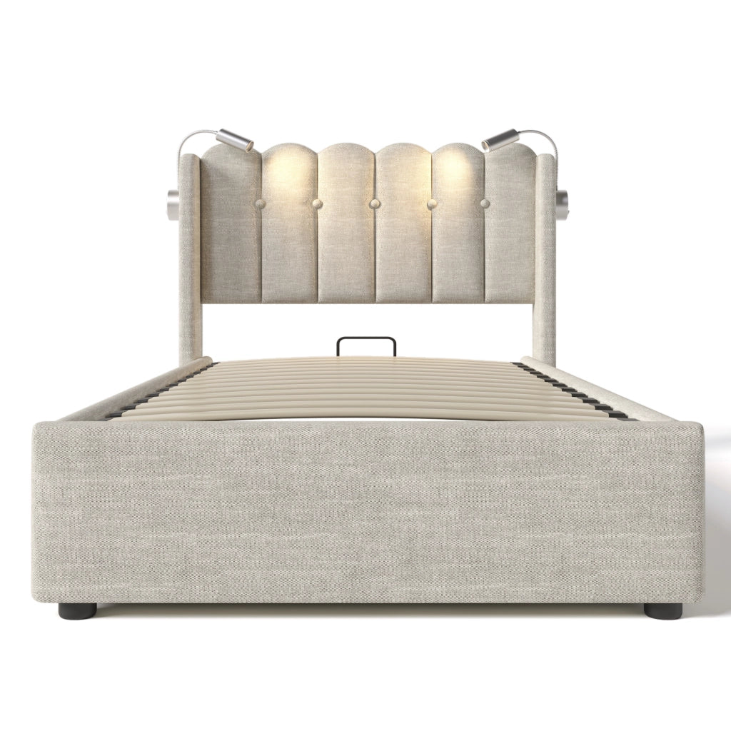 LETTO Contenitore 90x200 cm in Lino Naturale con Luce da lettura e USB