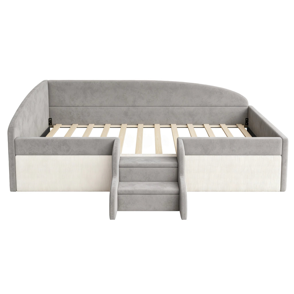 Letto imbottito per bambini 90x190 cm in tessuto vellutato anallergico con scale antiscivolo e protezioni laterali grigio