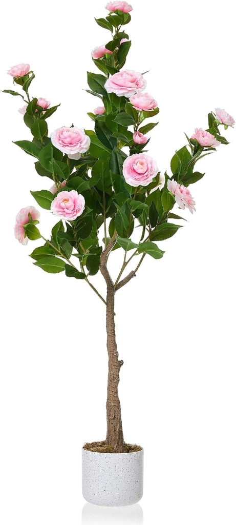 Camelia Artificiale 120 cm con Fiori Rosa in Poliestere e Tronco Realistico